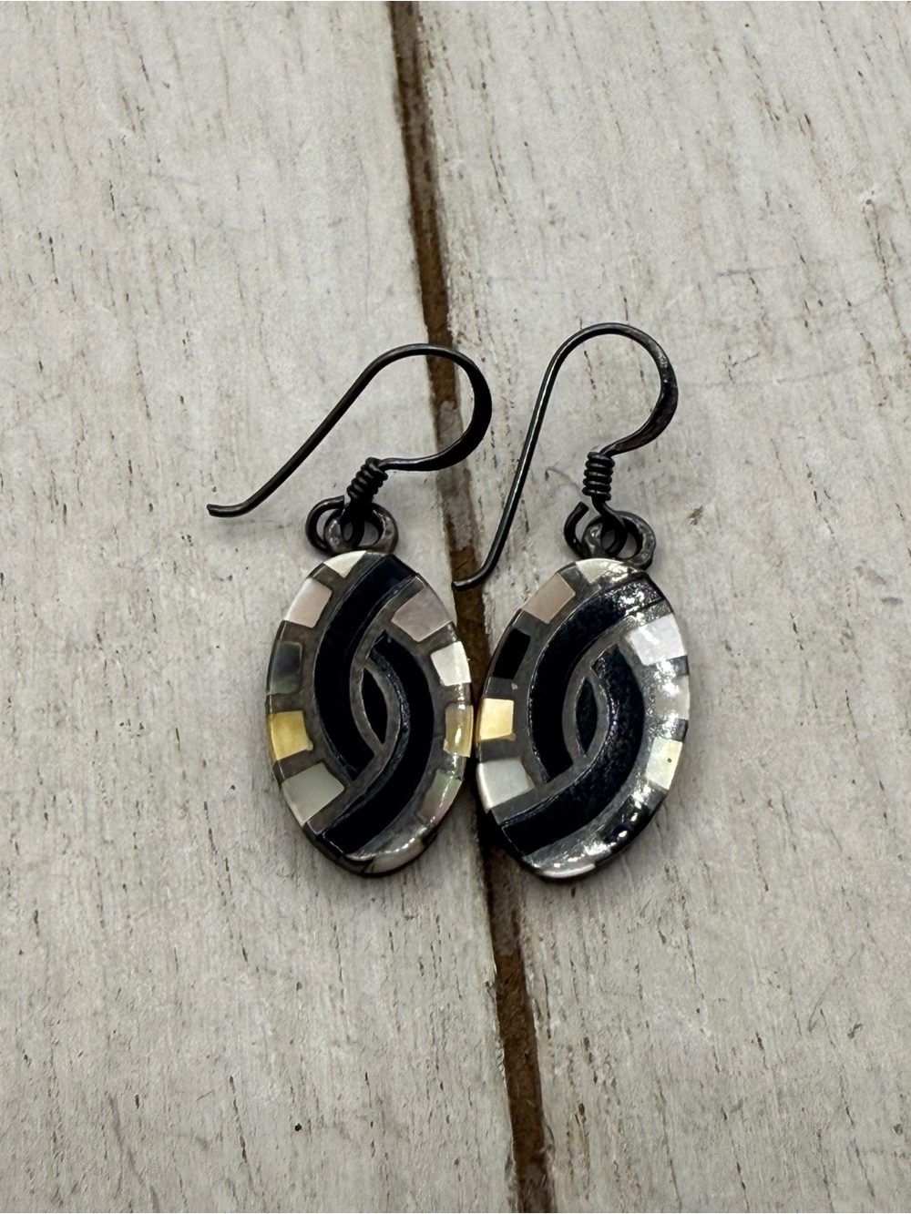 Handmade mother of pearl Black and Silver Inlay Oval Drop Earrings